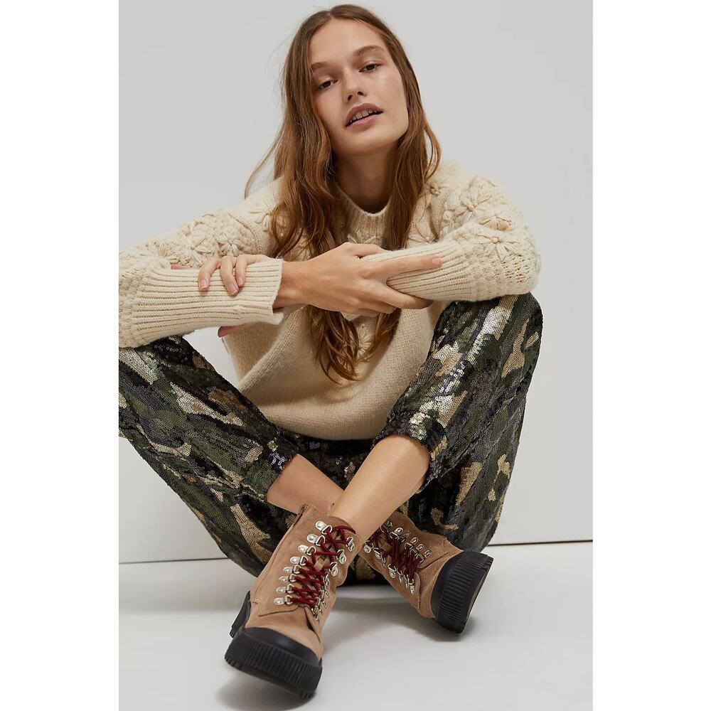 Anthropologie Green Camo Sequin Jogger Pants XS Sparkly Statement Trousers NYE - Picture 3 of 13